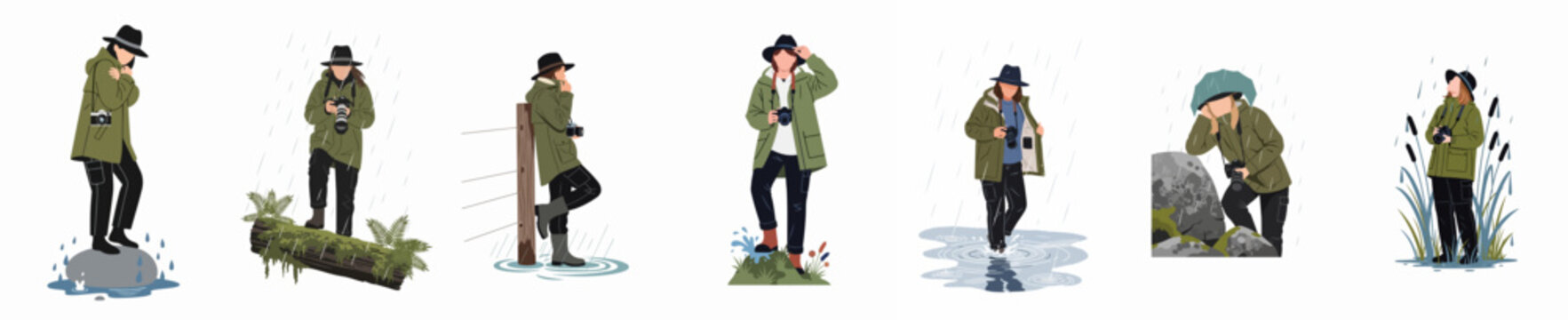 Set of illustrations featuring a female photographer in a green parka and hat, capturing nature in various rainy outdoor environments.