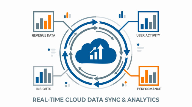 Cloud Data Sync and Analytics: Illustrating the seamless real-time synchronization and analysis of data within a cloud computing environment. Showcasing data flow.