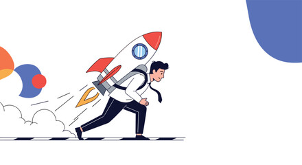 Fototapeta premium Ambitious businessman wearing a white shirt and tie sprinting forward with a powerful rocket strapped to his back.