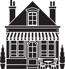 Obraz premium Black and white illustration of a house with striped awning Vector
