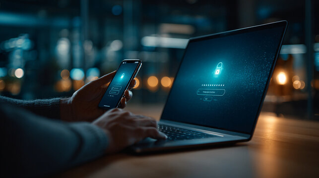 A sharp cybersecurity login interface photograph of a business professional accessing secure system with password authentication on laptop  
