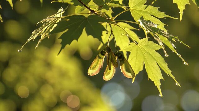 Closeup of Maple Tree Samaras and Leaves in Sunlight.