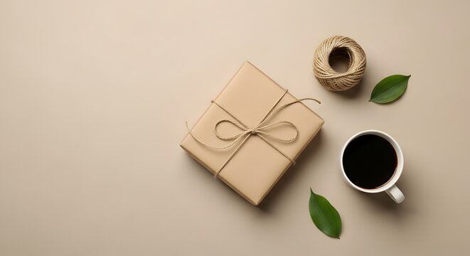 Gift box, coffee cup, and twine on neutral background