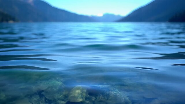 Crystal Clear Lake Water Surface Ripples With Mountain Landscape Background.