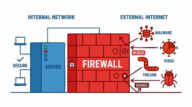 Firewall Security Architecture: This illustration depicts a firewall protecting an internal network from external threats like malware, viruses, and trojans originating from the internet.