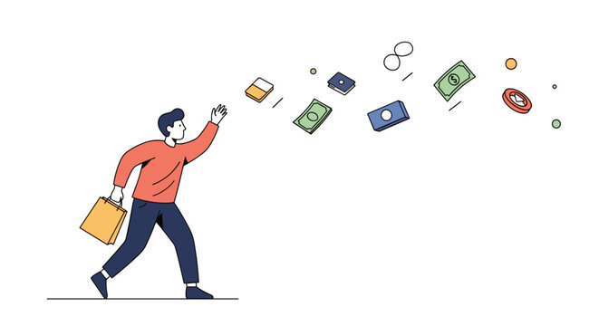 Carefree man carrying a shopping bag and throwing away his money and credit cards in a consumerist gesture.
