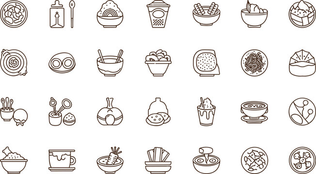 Asian Food Line Icon Set With Noodles Rice Dumplings Tea Bowls And Traditional Cuisine Symbols