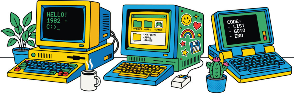 Retro Vintage 1980s Desktop Computer Vector Set Featuring Nostalgic CRT Monitors Keyboards Coffee Cup and Potted Plants for Tech Graphic Designs