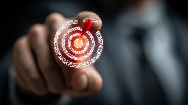 A sharp strategic goal setting portrait of a businessman holding a glowing digital target icon with checklist interface in a corporate office, shallow depth of field 
