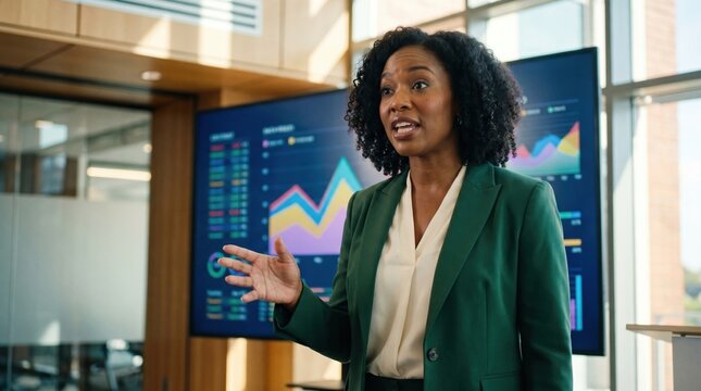 Confident African American businesswoman giving presentation in modern office with colorful charts and graphs on large screens, professional attire and engaged expression