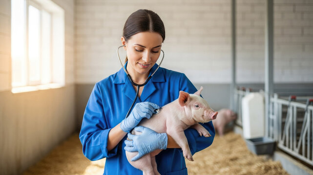 Veterinarian in blue uniform examines a piglet with a stethoscope in a clean farm barn, highlighting animal care, livestock health, and compassionate veterinary practice on farm