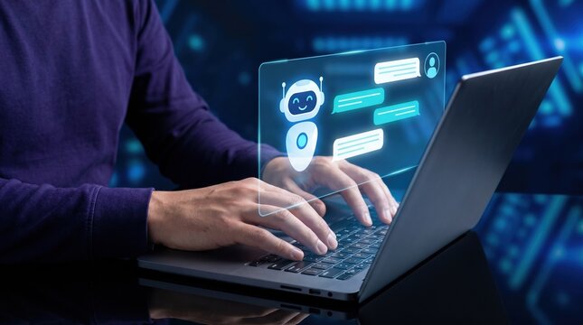 Person typing on laptop with holographic chatbot interface displaying messages and friendly robot icon, close up of forearm and hands conveying digital communication and customer support