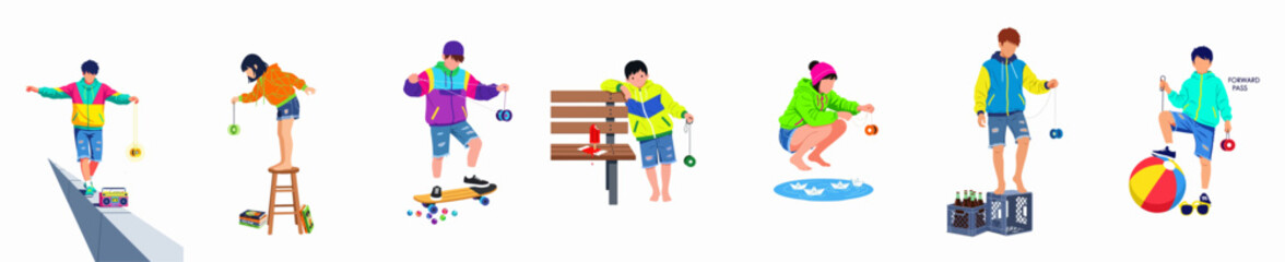 Collection of diverse children and teenagers in colorful retro outfits playing with yo-yos and engaging in various nostalgic urban activities on white background. © Yanto