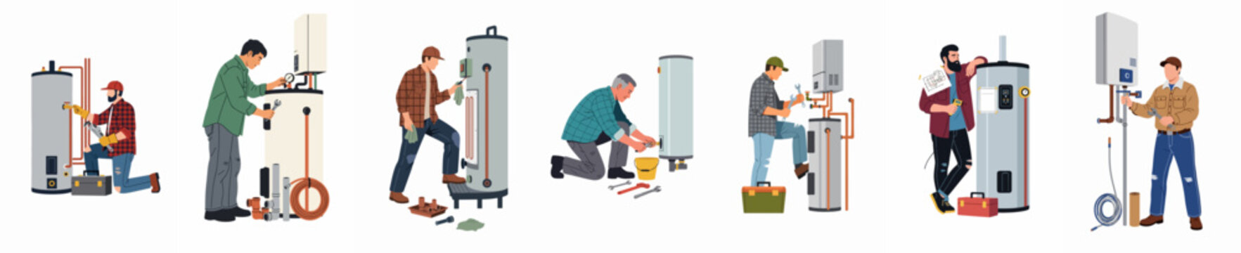 Set of professional plumbers and technicians installing and repairing various water heaters and boiler systems, flat vector illustrations on white background.
