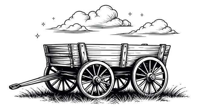 Hand drawn line art illustration of a wooden wagon depicting a rustic scene with clouds and grass for farm and transport designs