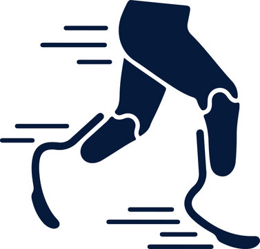 Close up of amputee runner with prosthetic legs running fast, motion blur effect, athletic sport, dark blue silhouette.