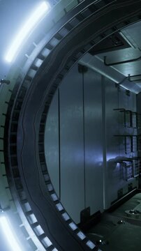 A circular passage inside a space station shows metal walls and dim lights. The area appears empty with some structures along the sides. The atmosphere suggests a futuristic setting.