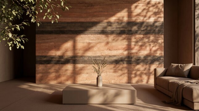 Sustainable passive architecture interior with rammed earth walls reclaimed wood and blank ceramic table in dappled sunlight
