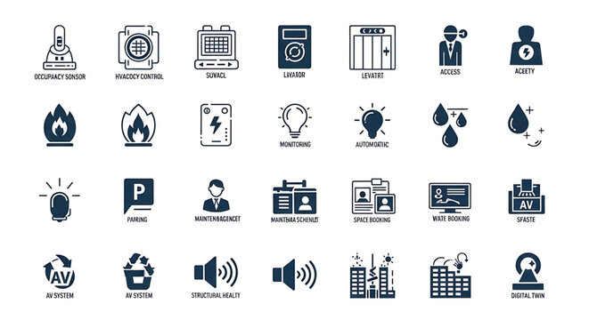 Set of smart building and facility management icons iot automation, security, hvac, maintenance, and energy monitoring vector symbols