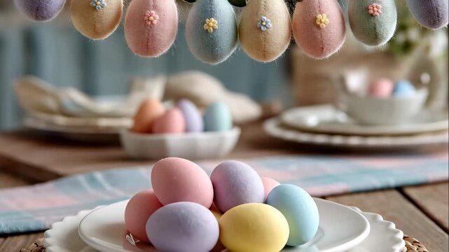 Colorful Easter eggs arranged on table with decorative garland in background. Setting features pastel colors and festive decor for spring celebration