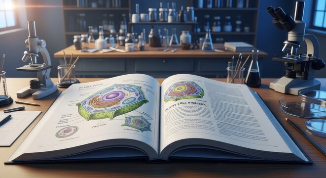 Open Biology Textbook Showing Detailed Plant and Animal Cell Illustrations