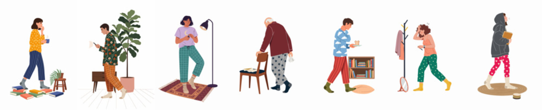 Diverse characters in pajamas and loungewear experiencing morning fatigue, sleepiness, and daily routines, isolated on a white background illustration.