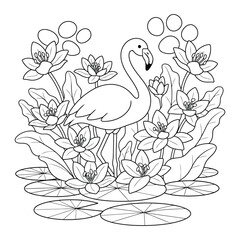 Fototapeta premium Flamingo coloring page with water lilies and flowers detailed pond nature illustration