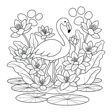 Flamingo coloring page with water lilies and flowers detailed pond nature illustration