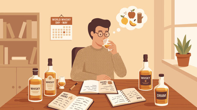 Man Tasting Whiskey and Writing Notes for World Whisky Day Illustration