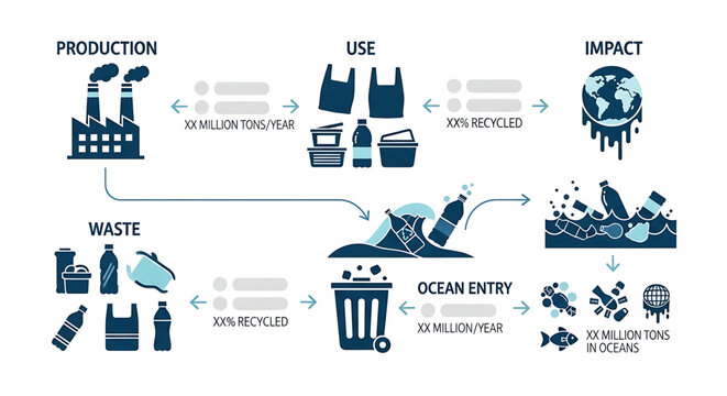 Plastic pollution cycle infographic showing production, use, waste, ocean entry and environmental impact
