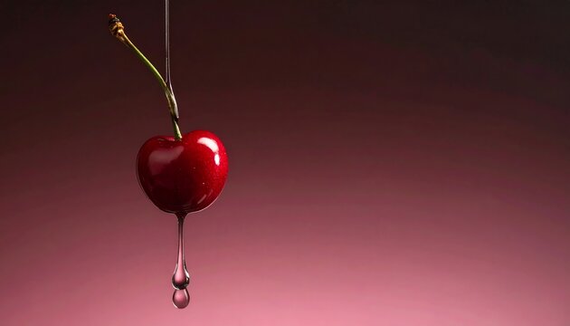 Ripe red cherry with stem and falling water drop against vibrant pink gradient background