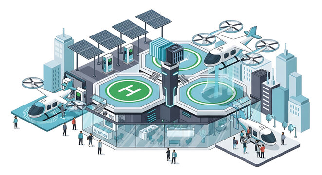 Futuristic urban air mobility vertiport with electric vertical takeoff and landing aircraft, charging stations, and solar panels