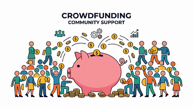 Crowdfunding Community Support: Illustrated depiction of a collaborative financing venture, showcasing community engagement and financial contributions.