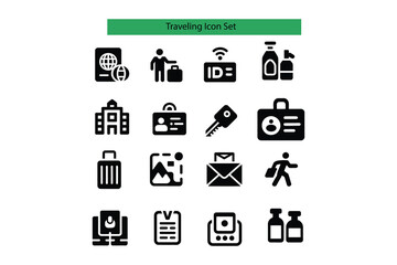 Travel and hotel icon set. Tourism, passport, luggage, and guest amenity symbols in solid black glyph style