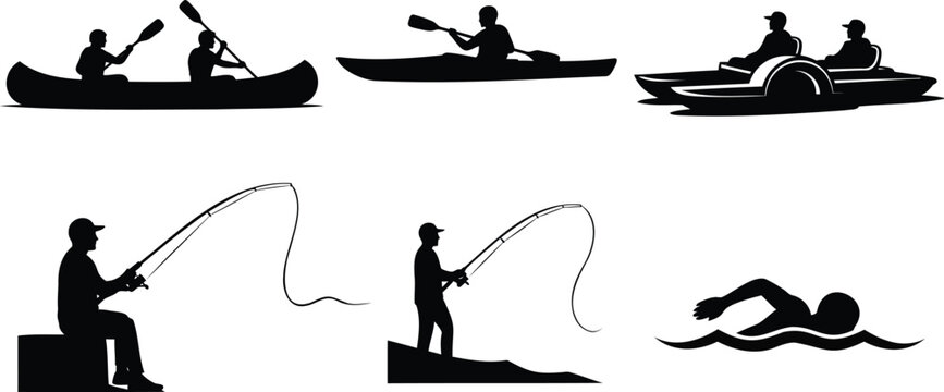 Water sports silhouette vector line art illustration including fishing, swimming, kayaking, boating.