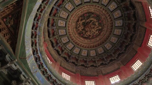 Ancient Dragon Caisson Ceiling Inside Forbidden City Pavilion in Beijing China.