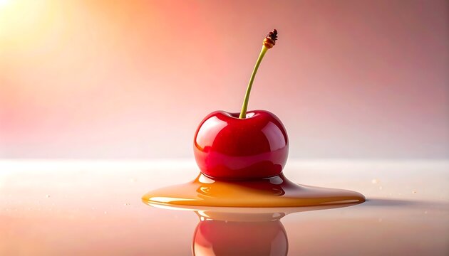 Close-up of a single fresh ripe red cherry sitting in a puddle of golden honey or sweet syrup with warm side lighting
