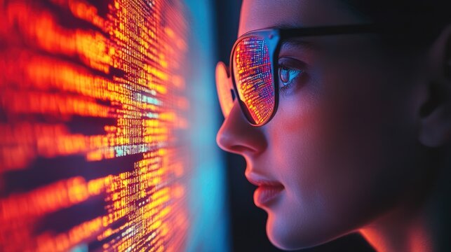 Woman programmer coding at night, screen reflection in glasses, dark background, tech concept