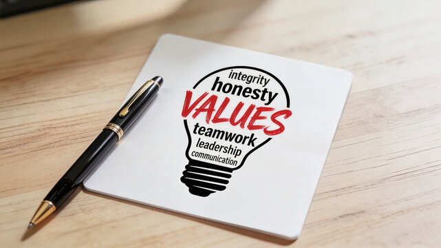 Business Core Values Concept with Integrity Honesty and Teamwork Word Cloud on Notepad