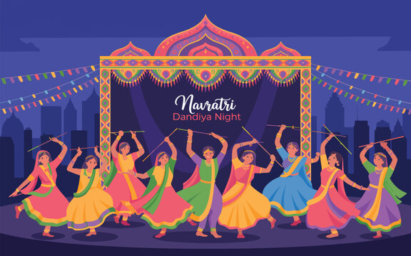 Group of women in traditional indian clothing dancing with dandiya sticks at a Navratri night event