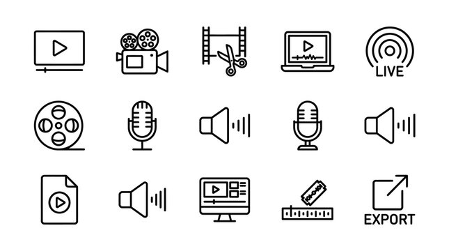 Black line icons for video production and editing on white background