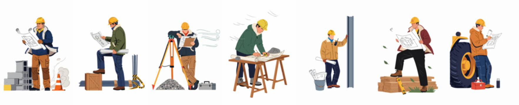 A panoramic collection of construction workers, architects, and engineers in hard hats and winter gear working on a construction site with blueprints and tools.