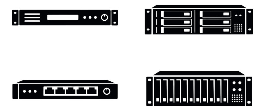 Solid icon style network hardware set featuring rack mount servers, switches, and routers for information technology