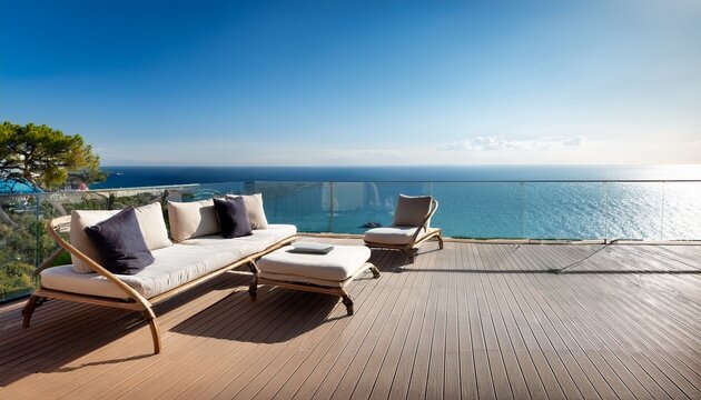 modern balcony lounge overlooking mediterranean ocean view