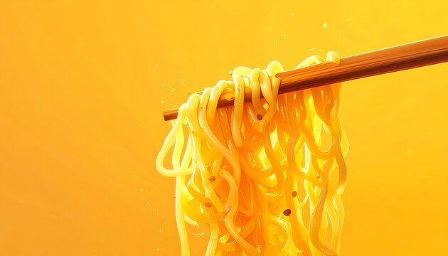 Hot noodles lifted with chopsticks on a bright yellow background with visible steam, creating a modern Asian food and takeaway concept. Ideal for restaurant advertising, menus, and food branding.