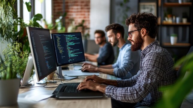 Programmers coding in modern office, teamwork, collaboration,  software development, tech startup