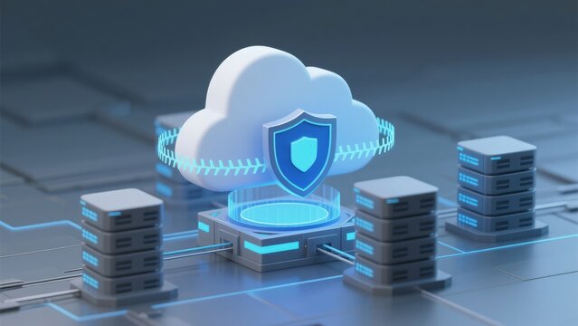 Secure cloud computing infrastructure with data protection shield and connected server network, idea for cybersecurity, cloud storage and enterprise IT technology