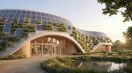 Obraz premium Sustainable eco friendly building with solar panels and green roof in natural setting with pond and trees