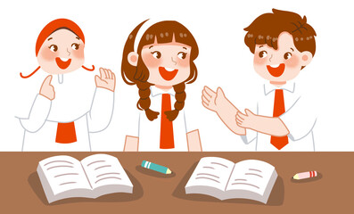 Obraz premium Indonesian Elementary School Student stiudy with friends