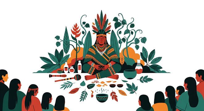 Indigenous shaman performing a traditional healing ritual surrounded by community members
